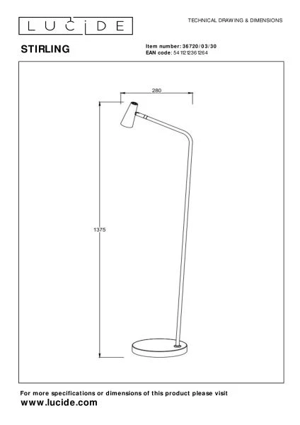 Lucide STIRLING - Lampadaire Rechargeable - Batterie/Piles - LED 3 StepDim - 1x3W 2700K - Noir - technique